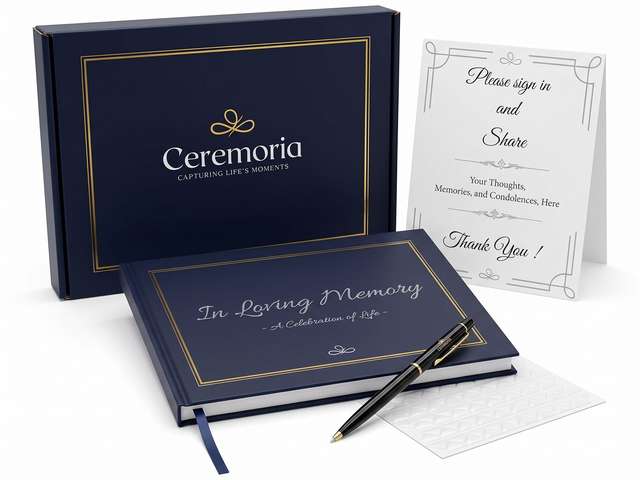 The complete Ceremoria keepsake set Full Ceremoria set: box, guest book, pen and sign-in card