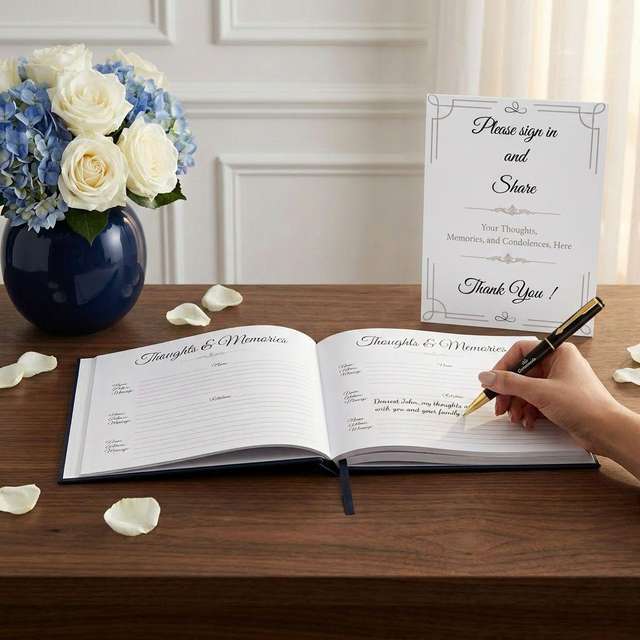 Ceremoria guest book open to a signed page Open guest book showing pages being signed