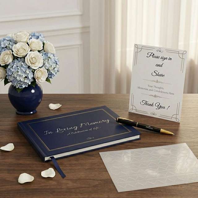Ceremoria In Loving Memory Memorial Guest Book Ceremoria In Loving Memory navy funeral guest book with white roses and pen